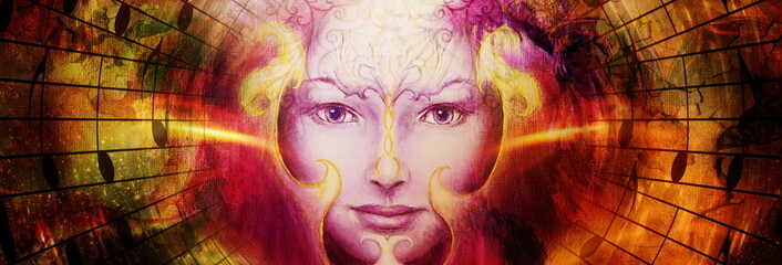 Canvas Print - beautiful face of mystical being with music notes, symbol of the muse of music with phoenix birds sign on head in space.