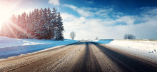 Asphalt Road In Snowy Winter On Beautiful Frosty Sunny Day