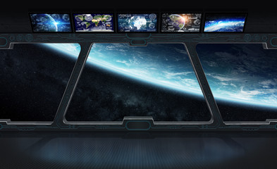 Wall Mural - View of planet Earth from inside a space station 3D rendering el