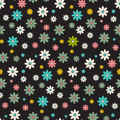 Sticker - Seamless Pattern. Dark Vector Background - Retro Flowers.