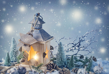 Wall Mural - Burning lantern and christmas decoration