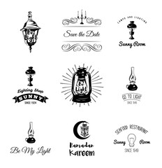 Set of vintage lamps and lighting logo, emblems, badge and design elements. Vector illustration. Lantern, holder candle, flame, lamp.