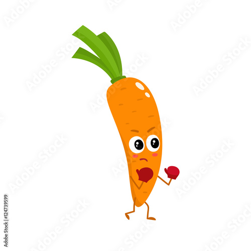 Ripe orange boxing carrot with big eyes and serious face, cartoon ...
