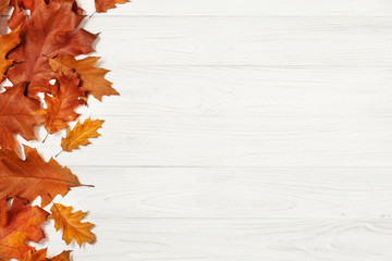 Red and yellow oak leaves on white wooden table