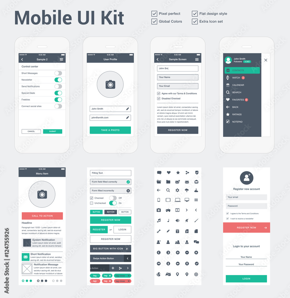 Mobile UI kit for app development, phone mockups & wireframes. Stock ...