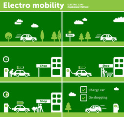 Electro mobility, electric car charging by shopping centre. Sustainable development, ecology & green energy concept.