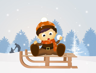 Sticker - child on sleigh in winter