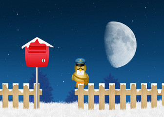 Sticker - bird postman with letter of Santa Claus