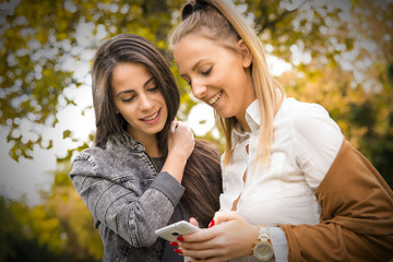 Young attractive girls in the park looking at the phone.