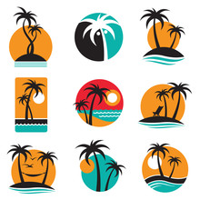 Set Of Labels With Palm Trees Silhouette On Island