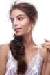 © iulskaya_photo - Beautiful girl in image of bride with plait. Model with nude makeup and silk underwear. Beauty face. Photo was taken in a studio.