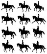 12 silhouettes of  horses with rider performing dressage 