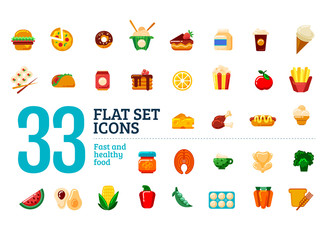 Flat set icons. Fast and healthy food.
