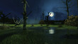 © marsea - Sinister fairytale scenery with fantastic big moon above creepy swamp and spooky dead trees at misty night. Decorative Halloween 3D illustration.