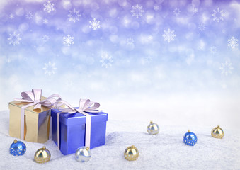 Wall Mural - Christmas gift boxes and balls on snow.3D render