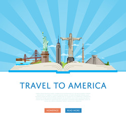 Wall Mural - Travel to America poster with Empire State Building, Statue of Liberty and others famous architectural attractions on big open book vector illustration. Time to travel concept. Worldwide traveling