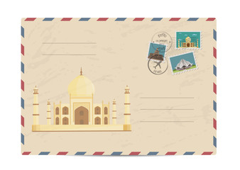 Wall Mural - Ancient palace Taj Mahal. Postal envelope with famous architectural composition, postage stamps and postmarks on white background vector illustration. Postal services. Envelope delivery.