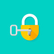 © vladwel - Key in keyhole of closed padlock vector illustration, flat cartoon style key opening lock icon