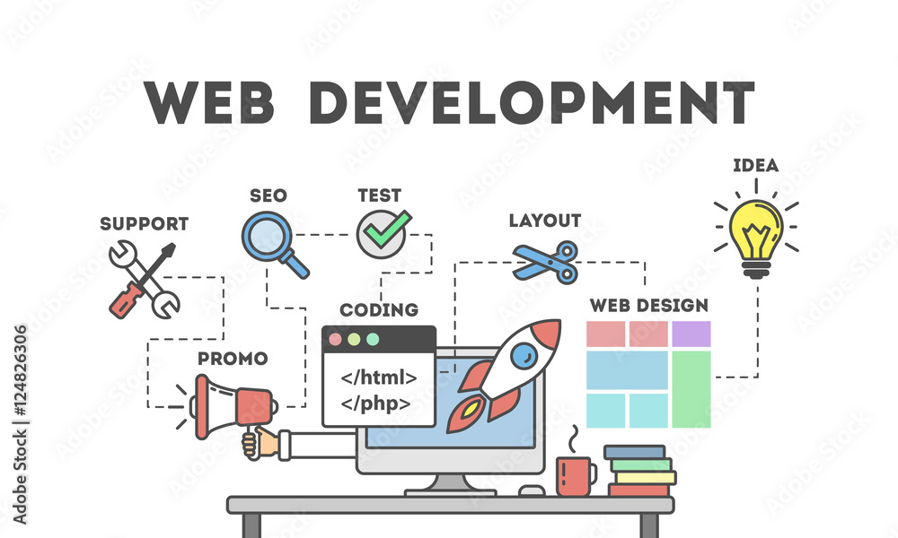 Web development concept. Table with computer and many icons. Idea of ...