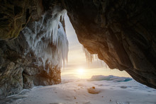 Sunset In The Ice Cave On The Frozen Lake Baikal