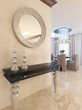 Console With Mirror On The Wall In The Dining Area, In The Style