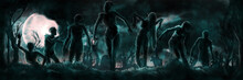 Banner With Zombies Silhouettes. Night Banner With A Group Of Zombies, Cemetery, Moon, Trees, Grass
