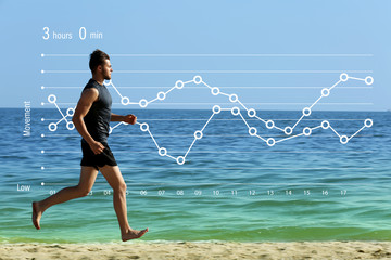 Sticker - Young man jogging on beach. Graphic of training results. Health care and sport concept.