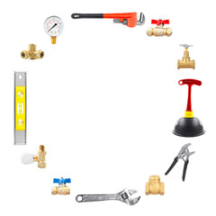 Set of plumbing equipment on white background