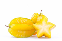 Fresh Ripe Star Fruit Carambola Or Star Apple ( Starfruit ) On White Background Healthy Fruit Food Isolated
