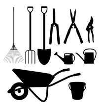 Garden Tools, Instruments Flat Icon Collection Set. Shovel, Buck