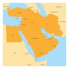 Canvas Print - Map of Middle East or Near East transcontinental region with orange highlighted Western Asia countries, Turkey, Cyprus and Egypt. Flat map with yellow land, thin black borders and blue sea.