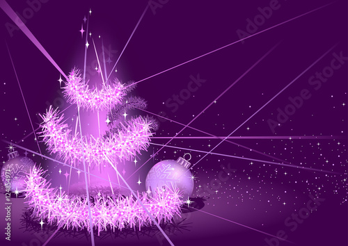 Purple Christmas Background with Christmas chain, Two Baubles  and Glowing Ce...