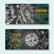 Italian food vintage design template. Horizontal banners set. Vector illustration hand drawn linear art. Italian Cuisine restaurant menu. Hand drawn sketch vector flyers.