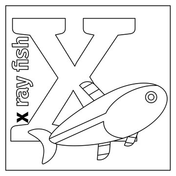 Coloring page or card for kids with English animals zoo alphabet. X ray fish, letter X vector illustration