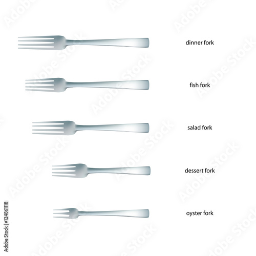 Kitchenware. Set of realistic forks with names. Salad, dessert, fish