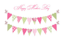 Cute Vintage Happy Mother's Day Card As Heart Shaped Shabby Chic Textile Bunting Flags