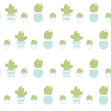 Cute Cartoon Succulent Plants In Lovely White And Blue Pots Seamless Vector Pattern Background Illustration

