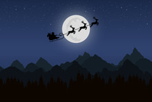 Santa Claus Rides In A Sleigh With Their Reindeer Through The Night Mountains