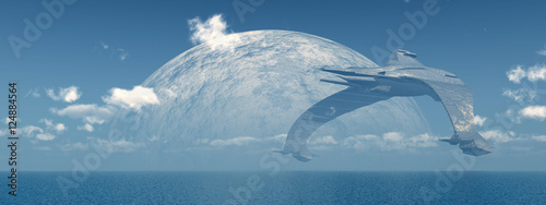 Plakat Ogromny statek kosmiczny nad morzem