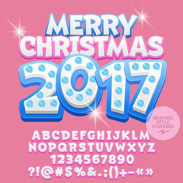 Vector cute light bulb Merry Christmas 2017 greeting card with set of letters, symbols and numbers. File contains graphic styles