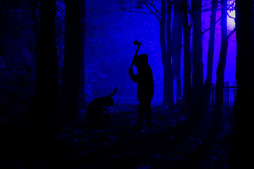 Wall Mural - Murder in the park. Maniac swings ax on his prey. Maniac kills his victim in the night deserted park. Silhouettes in night foggy forest