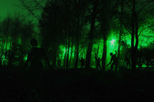 Crowd Of Hungry Zombies In The Woods. Silhouettes Of Scary Zombies Walking In The Forest At Night