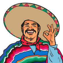 Half Length Portrait Of Smiling Mexican Man In Sombrero And Poncho Showing Okey Sign, Sketch Vector Illustration Isolated On White Background. Colorful Drawing Of Mexican Man In Traditional Clothes