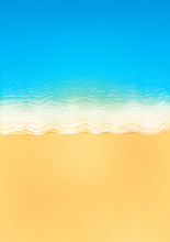 Vector Top View Of Calm Ocean Beach With Blue Waves, Yellow Sand, And White Foam