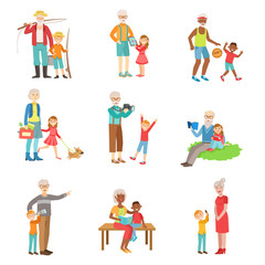 Sticker - Grandparents And Kids Spending Time Together Set Of Illustrations