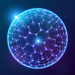 blue vector shining sphere with hexagonal surface on dark cosmic background