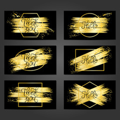 Wall Mural - Collection of 6 vintage card templates with golden brushstrokes on black background.