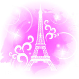Fototapeta Miasta - Silhouette of Eiffel tower on the pink watercolor background