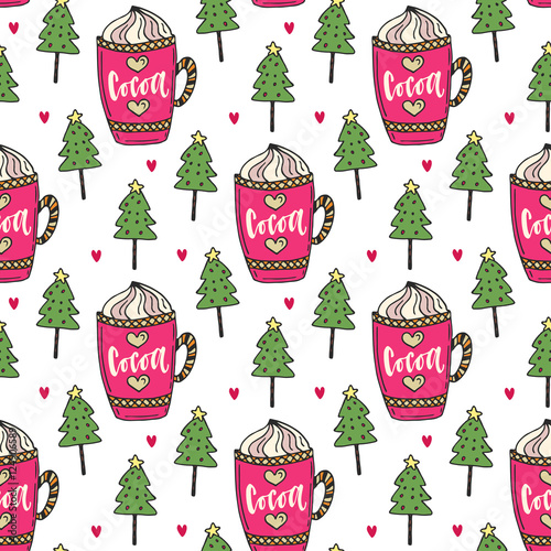 Stoffe zum Nähen Kakao-Hintergrund mit Winterbäume. Süße Musterdesign. Vektor-illustration