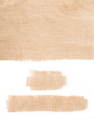 burlap fabric label pieces, rustic hessian patch isolated on white background